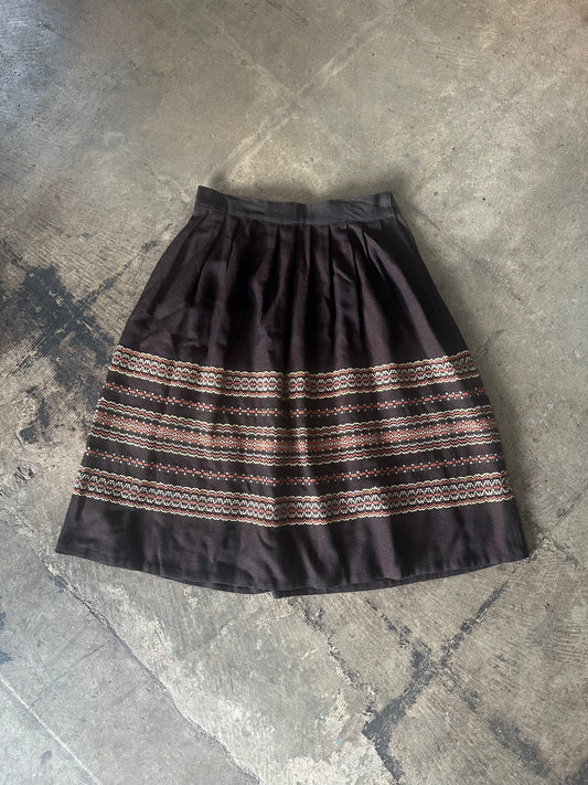 Woven Brown Pleated Midi Skirt with Embroidery