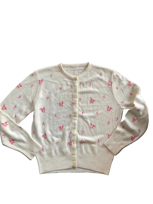 Cream Button Front Red Floral Print Cardigan