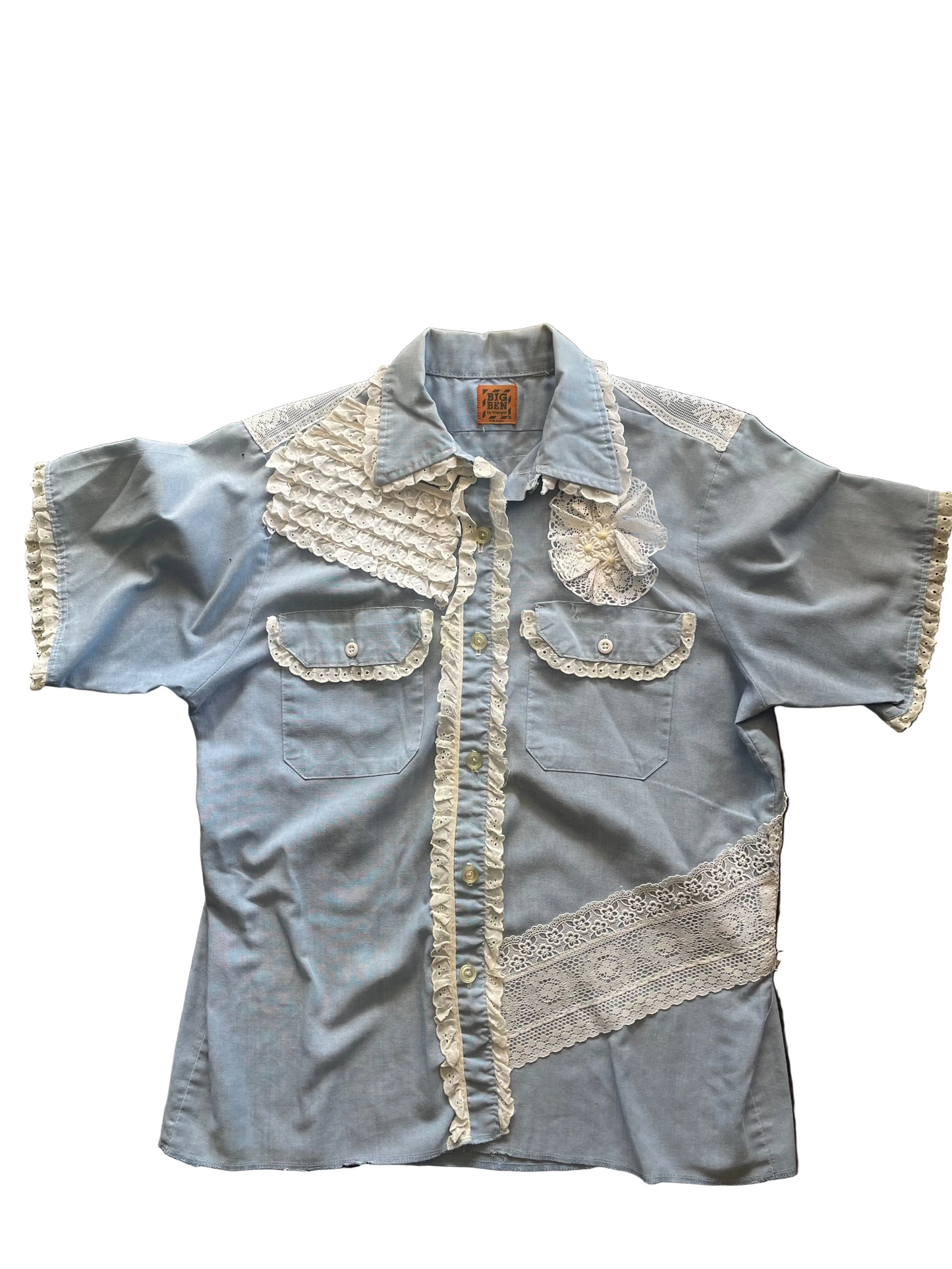 Lace Detail Short Sleeve Chambray Button Up