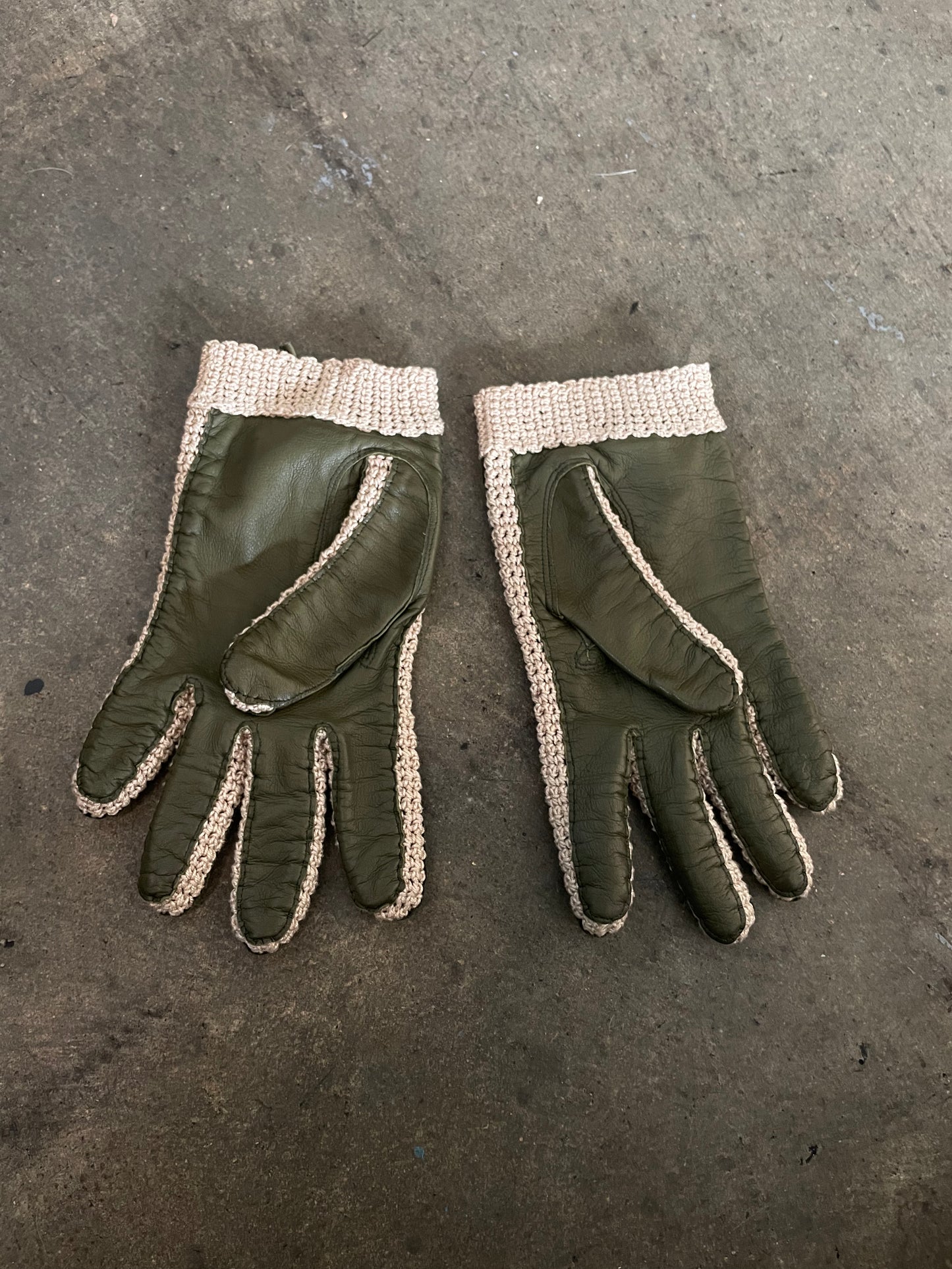 Olive Leather + Crochet Gloves
