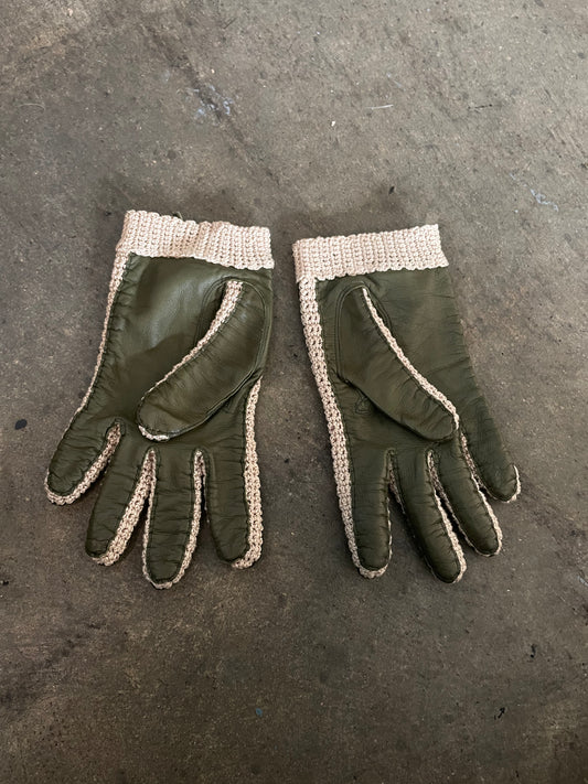 Olive Leather + Crochet Gloves