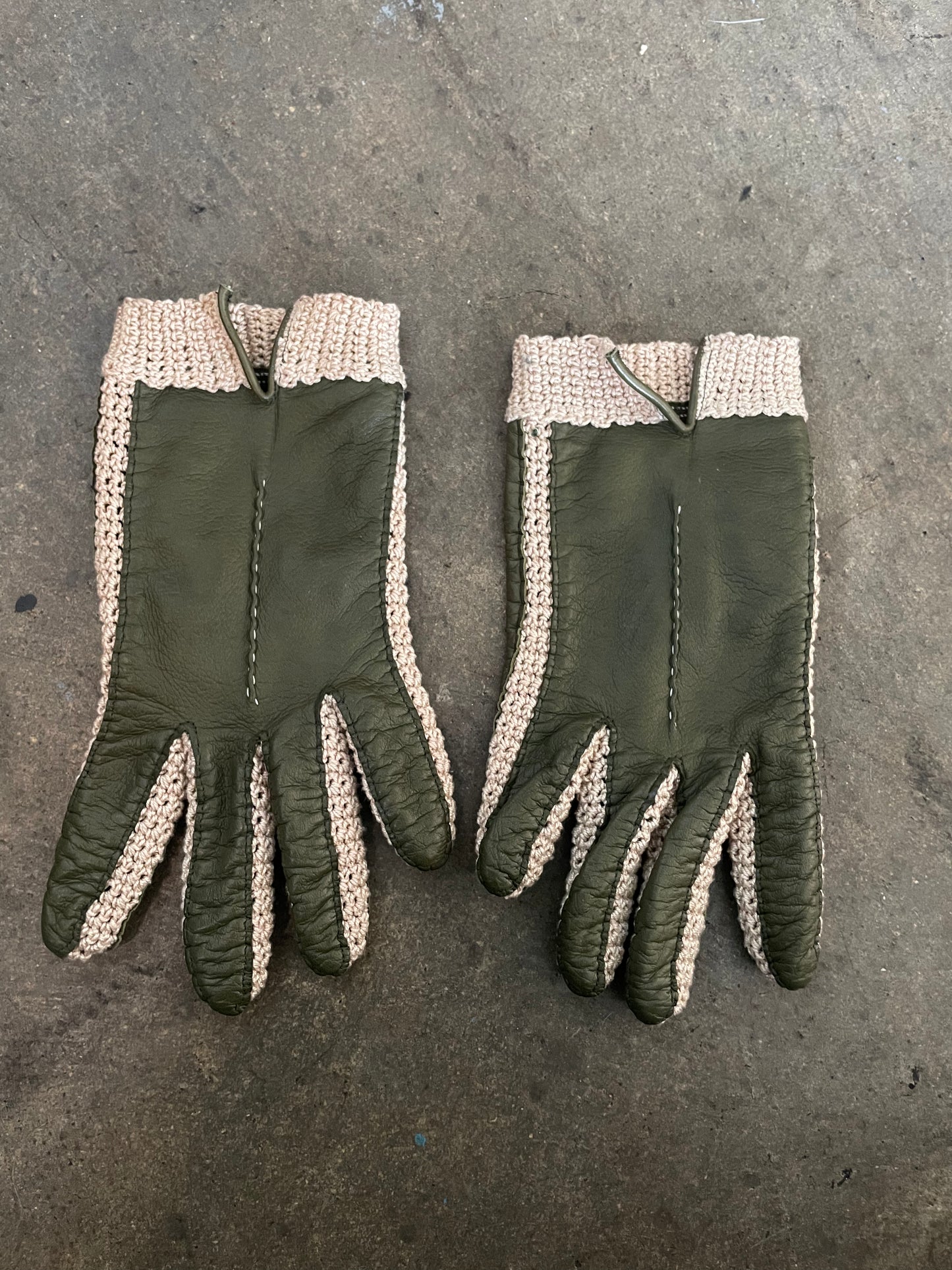 Olive Leather + Crochet Gloves