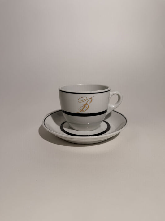 "B" Black Stripe Tea Cup + Saucer