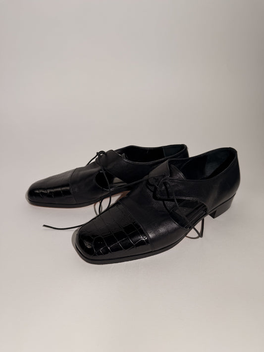 Sphere Black Leather + Croc Laced Loafers