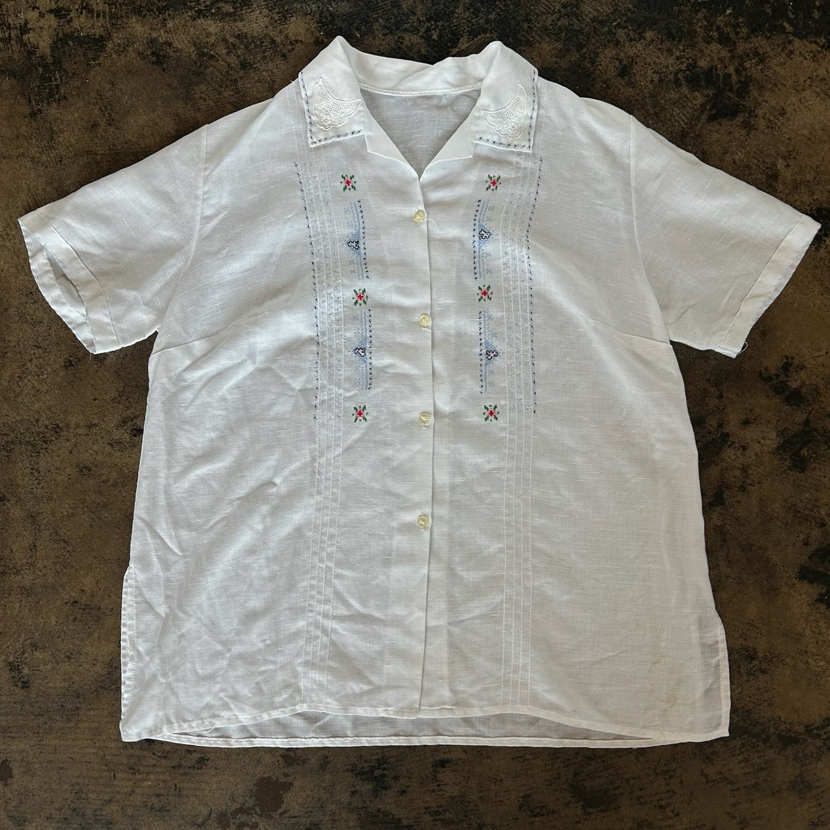 White Blue + Pink Cross Stitch Floral Short Sleeve Button Up
