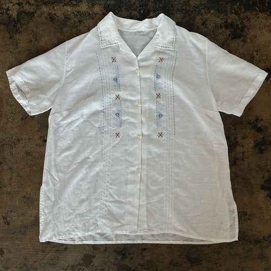 White Blue + Pink Cross Stitch Floral Short Sleeve Button Up