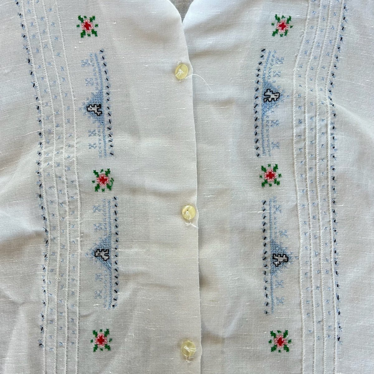 White Blue + Pink Cross Stitch Floral Short Sleeve Button Up