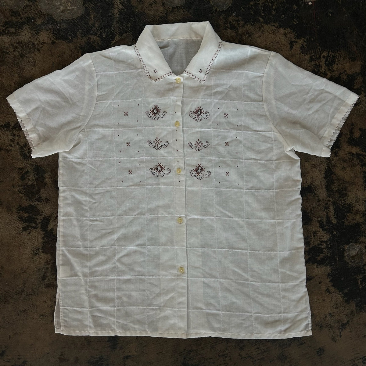 White + Brown Cross Stitch Short Sleeve Button Up