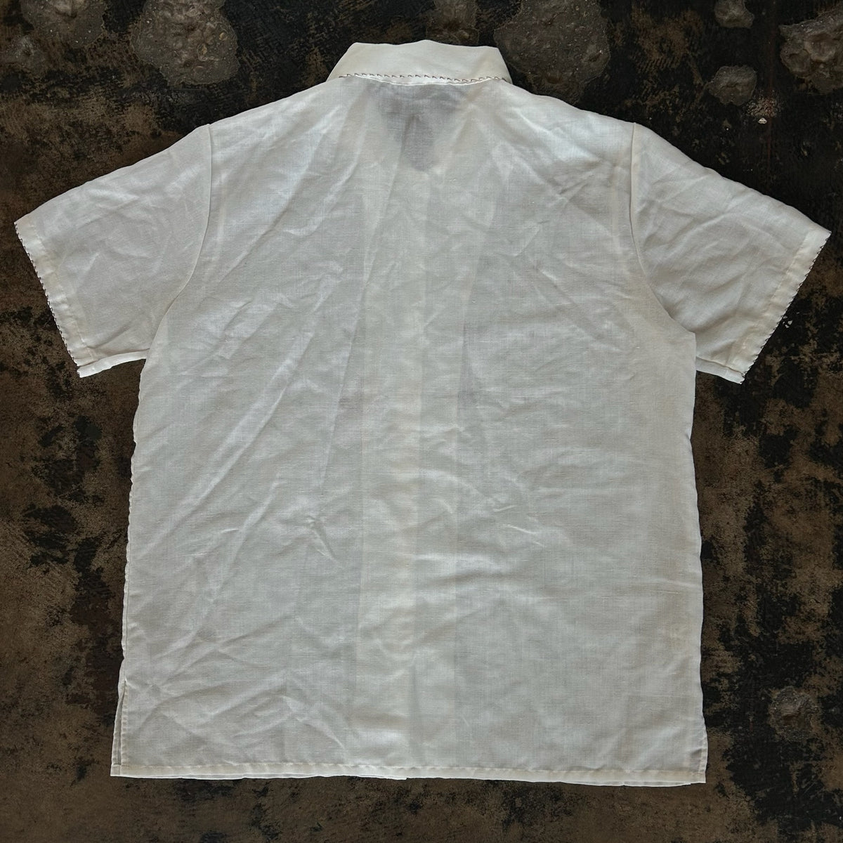 White + Brown Cross Stitch Short Sleeve Button Up