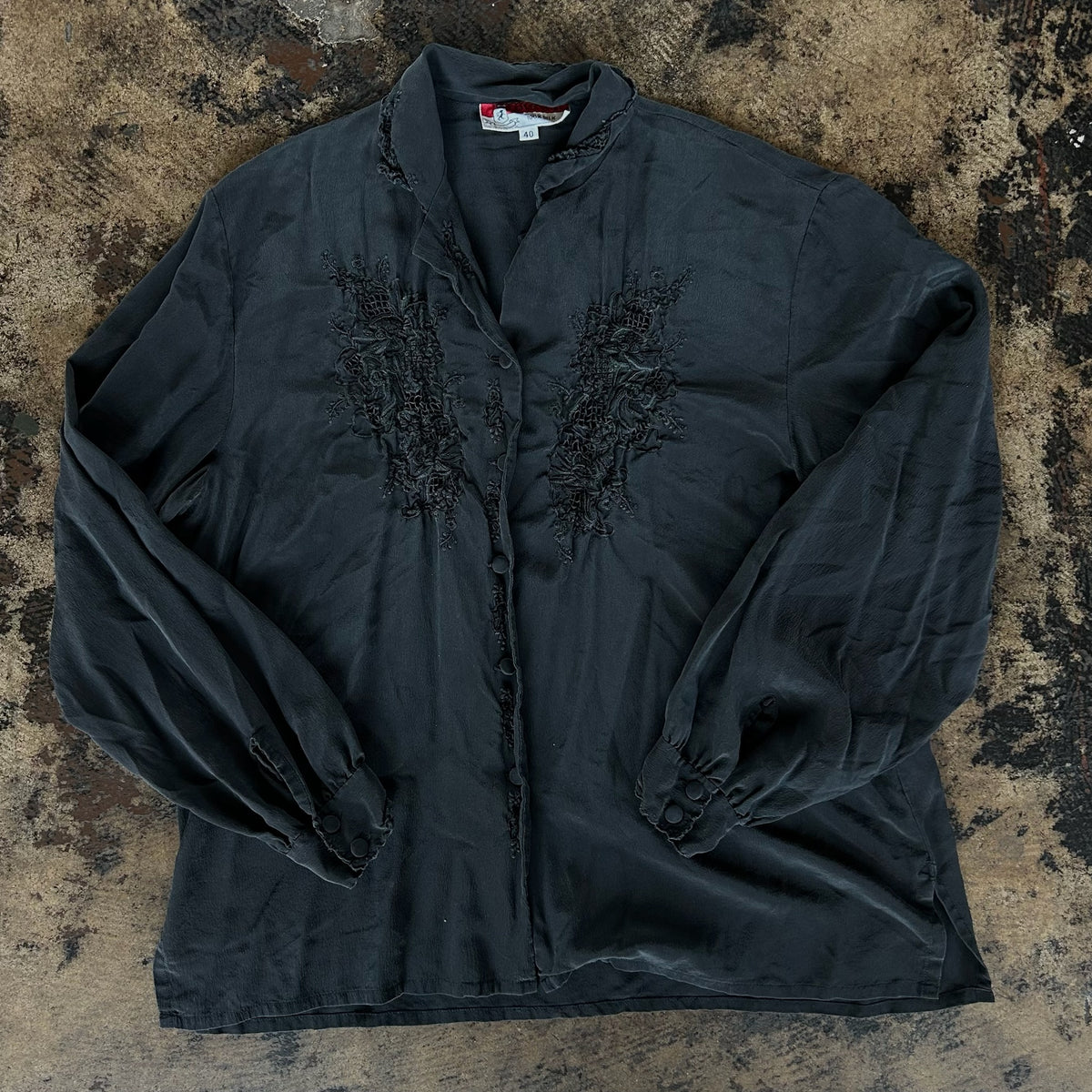 Black Floral Silk Button Up Blouse
