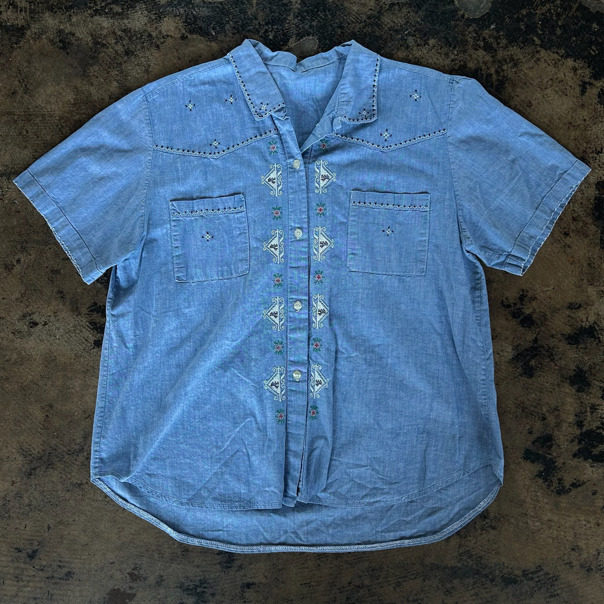 Chambray Blue + White Floral Cross Stitch Short Sleeve Blouse