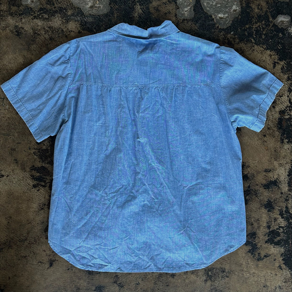 Chambray Blue + White Floral Cross Stitch Short Sleeve Blouse