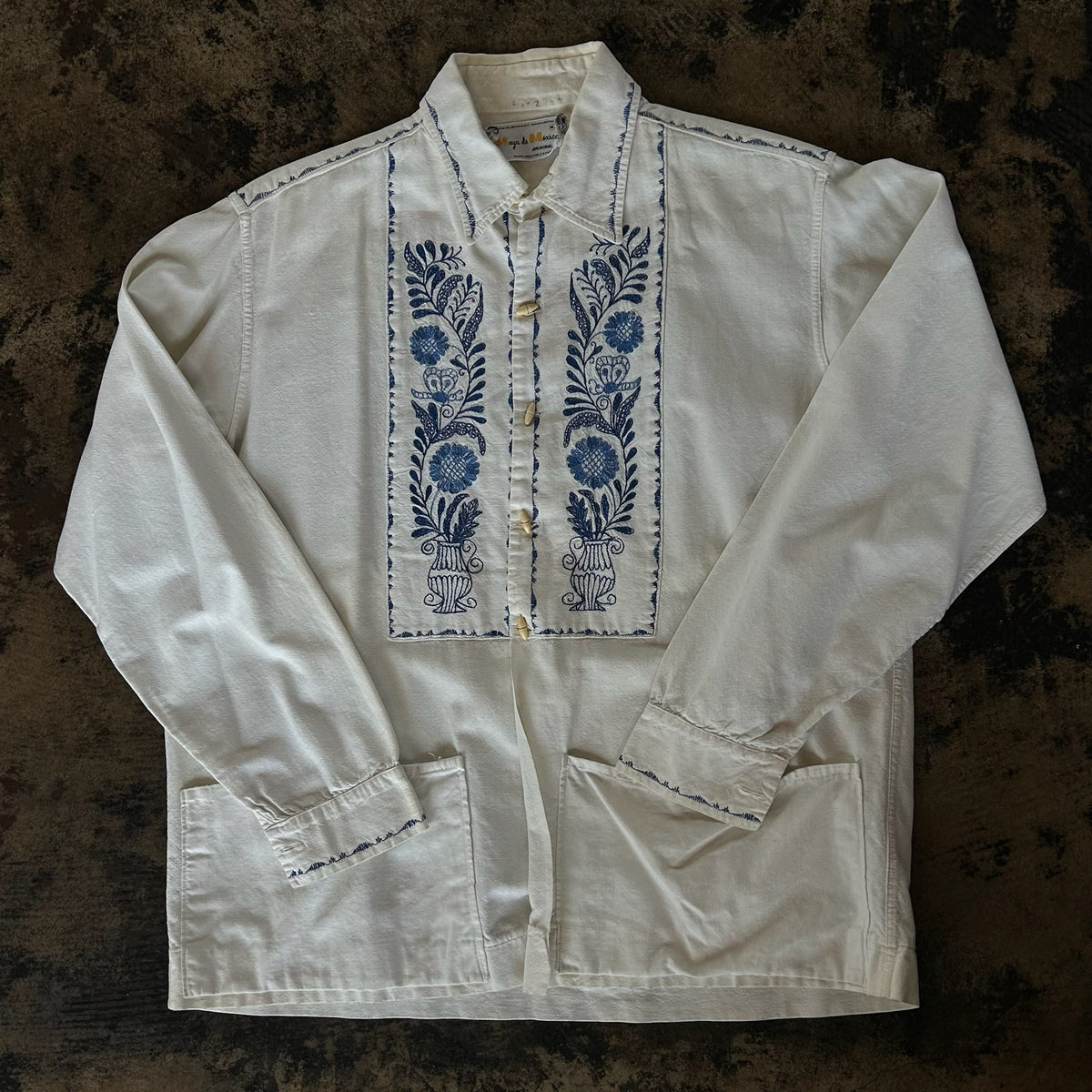 White + Blue Embroidered Linen Dress Shirt