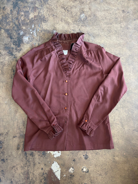 Brown Ruffle Trim Blouse