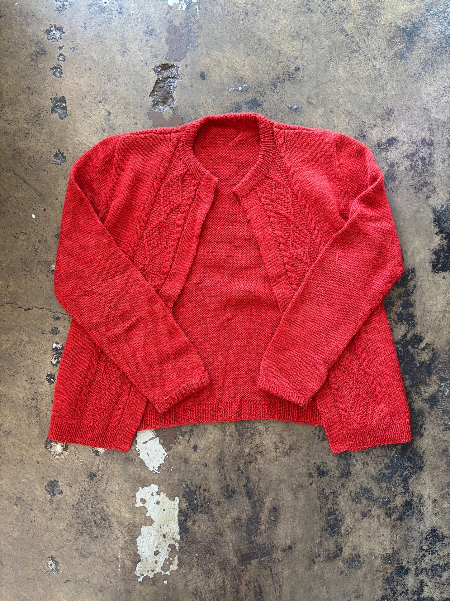 Red Open Front Cable Knit Cardigan
