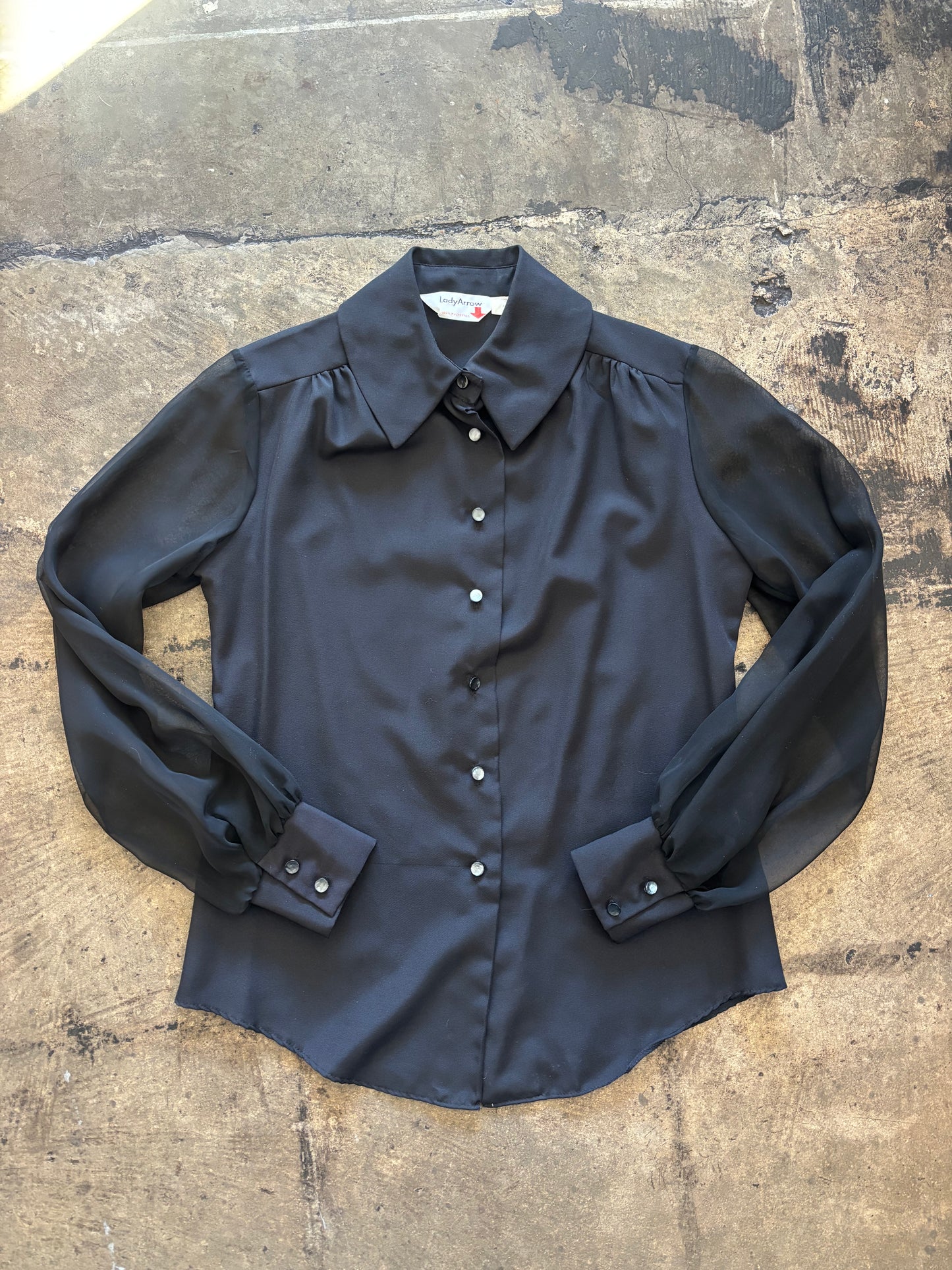 Black Sheer Sleeve Button Up Blouse