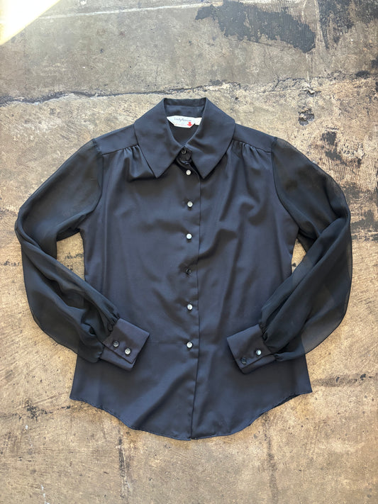 Black Sheer Sleeve Button Up Blouse