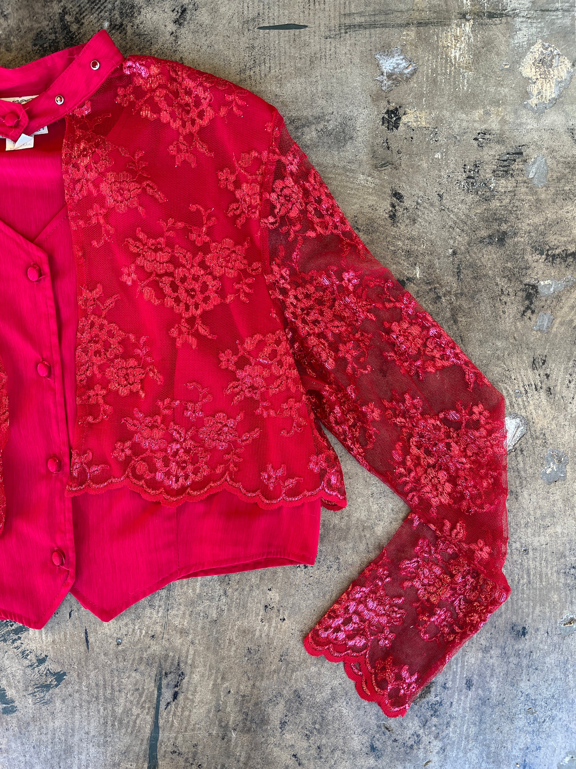 Ranch Wear Shiny Red Lace Cropped Blouse