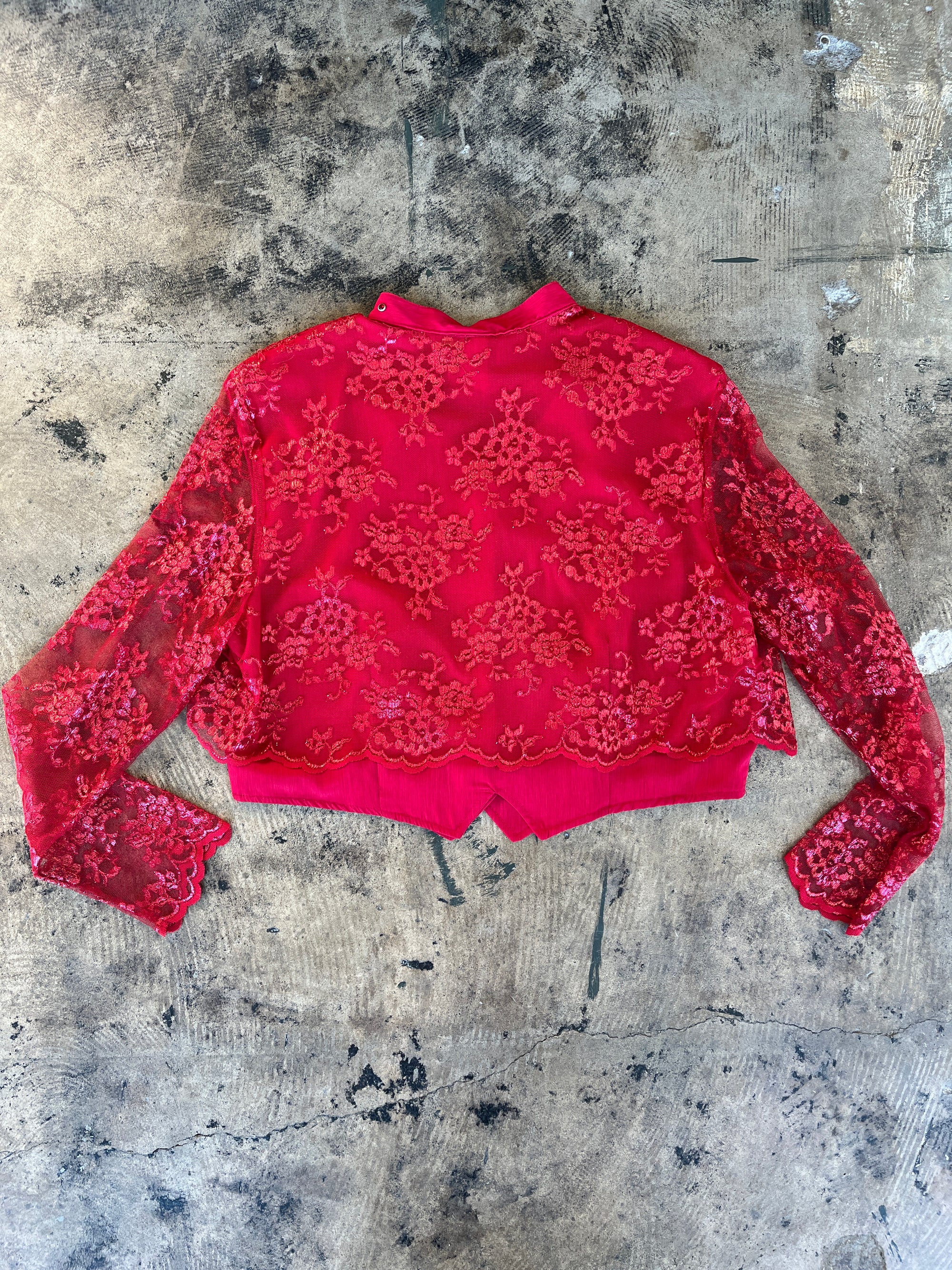 Ranch Wear Shiny Red Lace Cropped Blouse