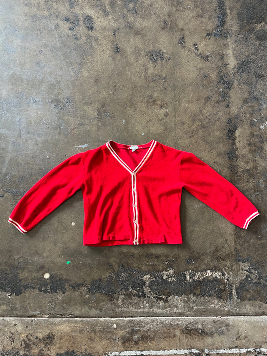 1950s White Trim Red Button Front Cardigan