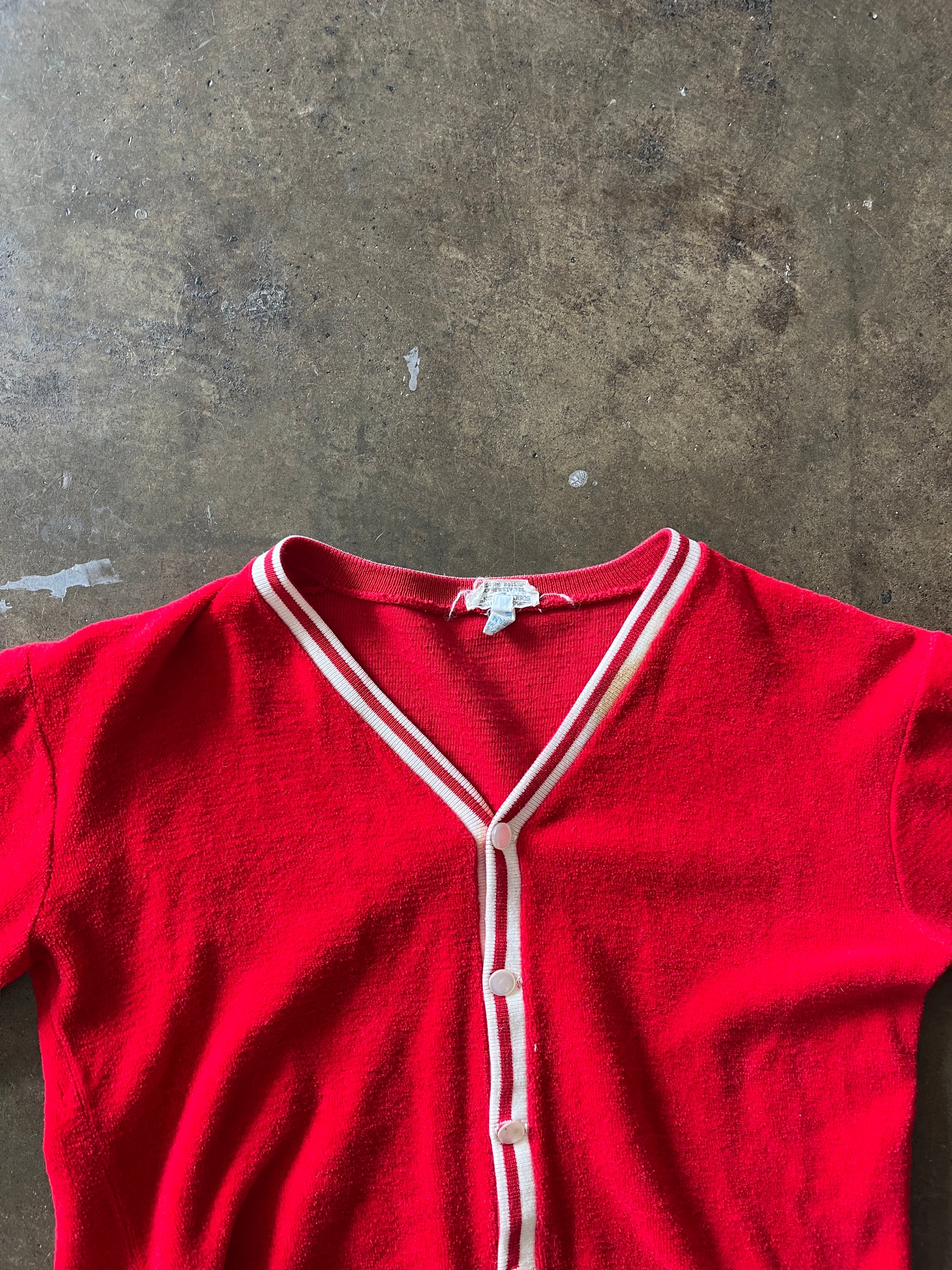 1950s White Trim Red Button Front Cardigan