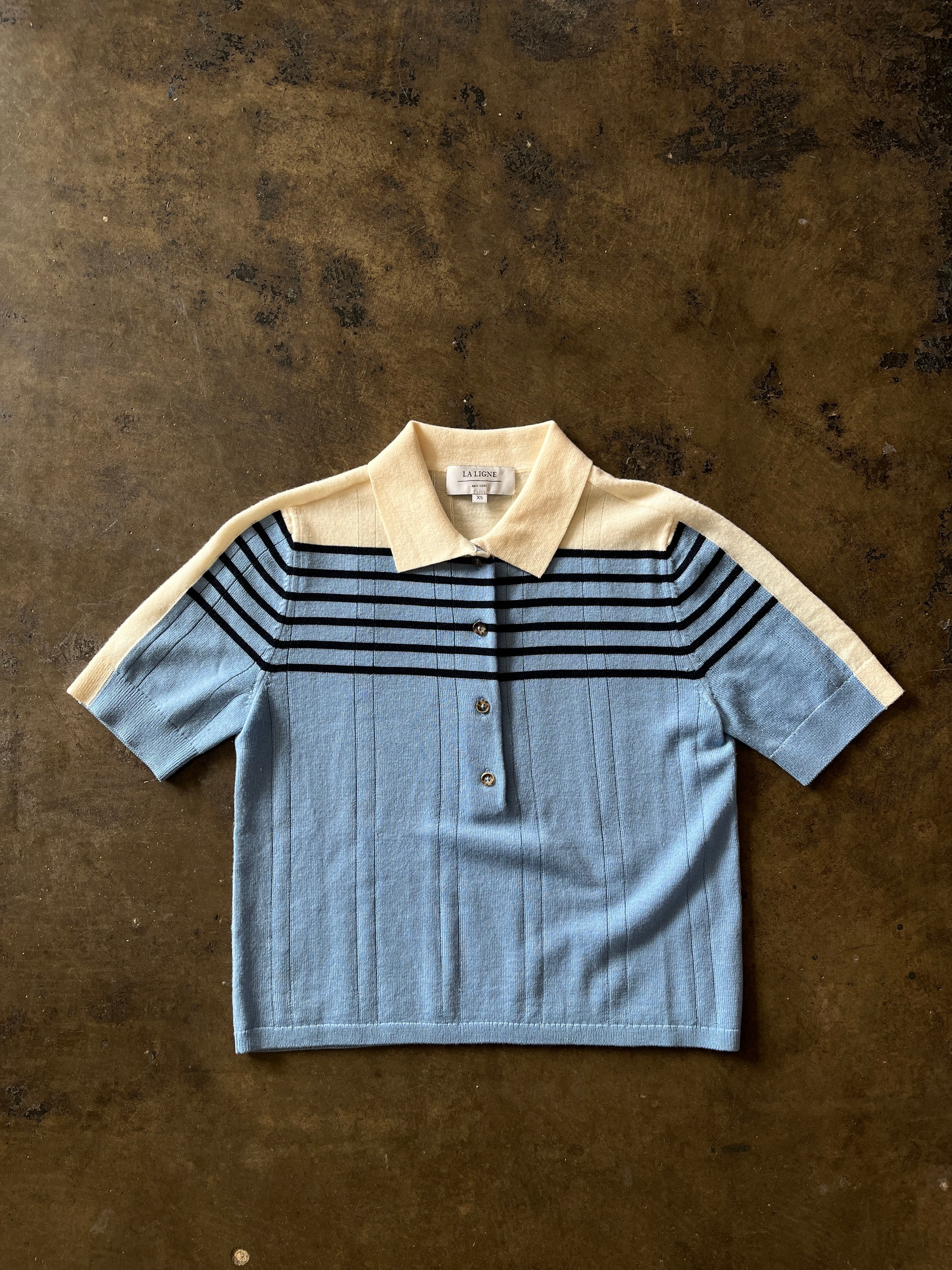 La Ligne Blue Striped Short Sleeve Knit Polo