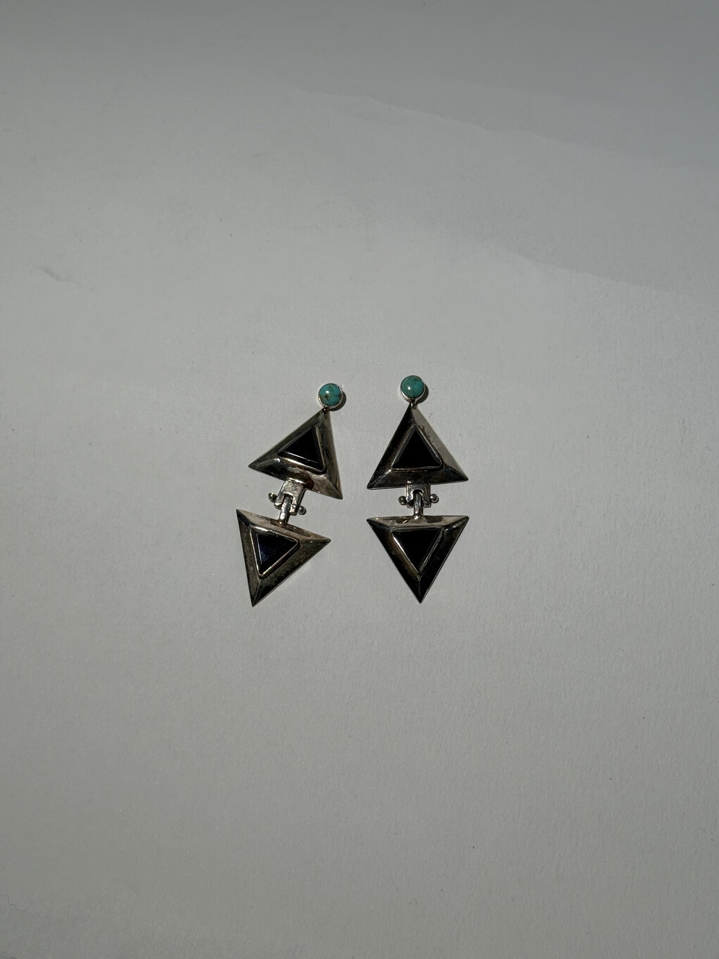 Art Deco Onyx + Turquoise Silver Earrings