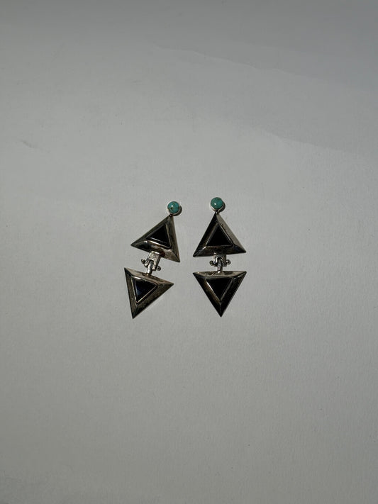 Art Deco Onyx + Turquoise Silver Earrings