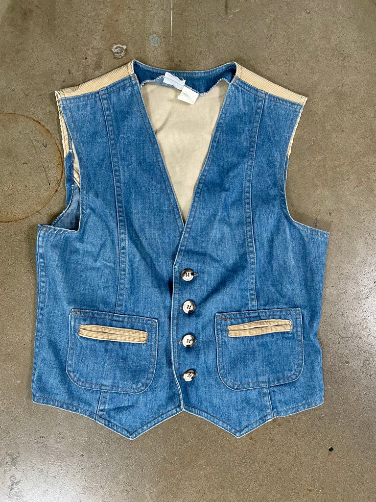 Vintage Denim Vest with Corduroy Accents