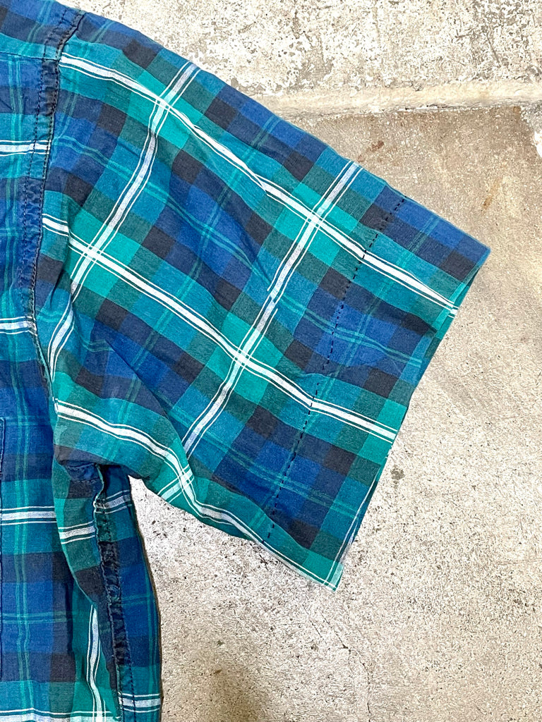 Vintage Blue & Green Plaid Short Sleeve Shirt