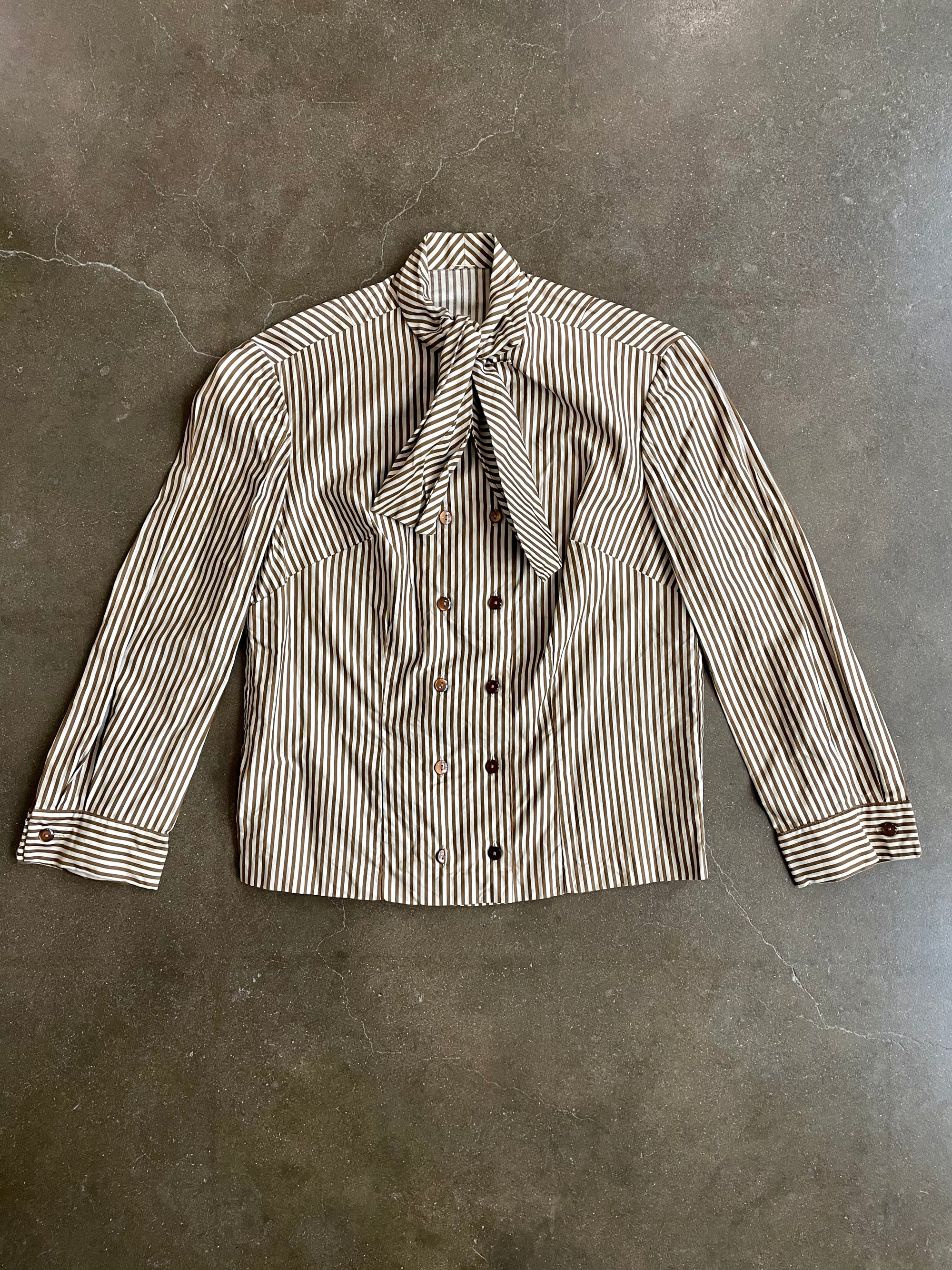 Vintage Brown Striped Blouse With Bow Collar