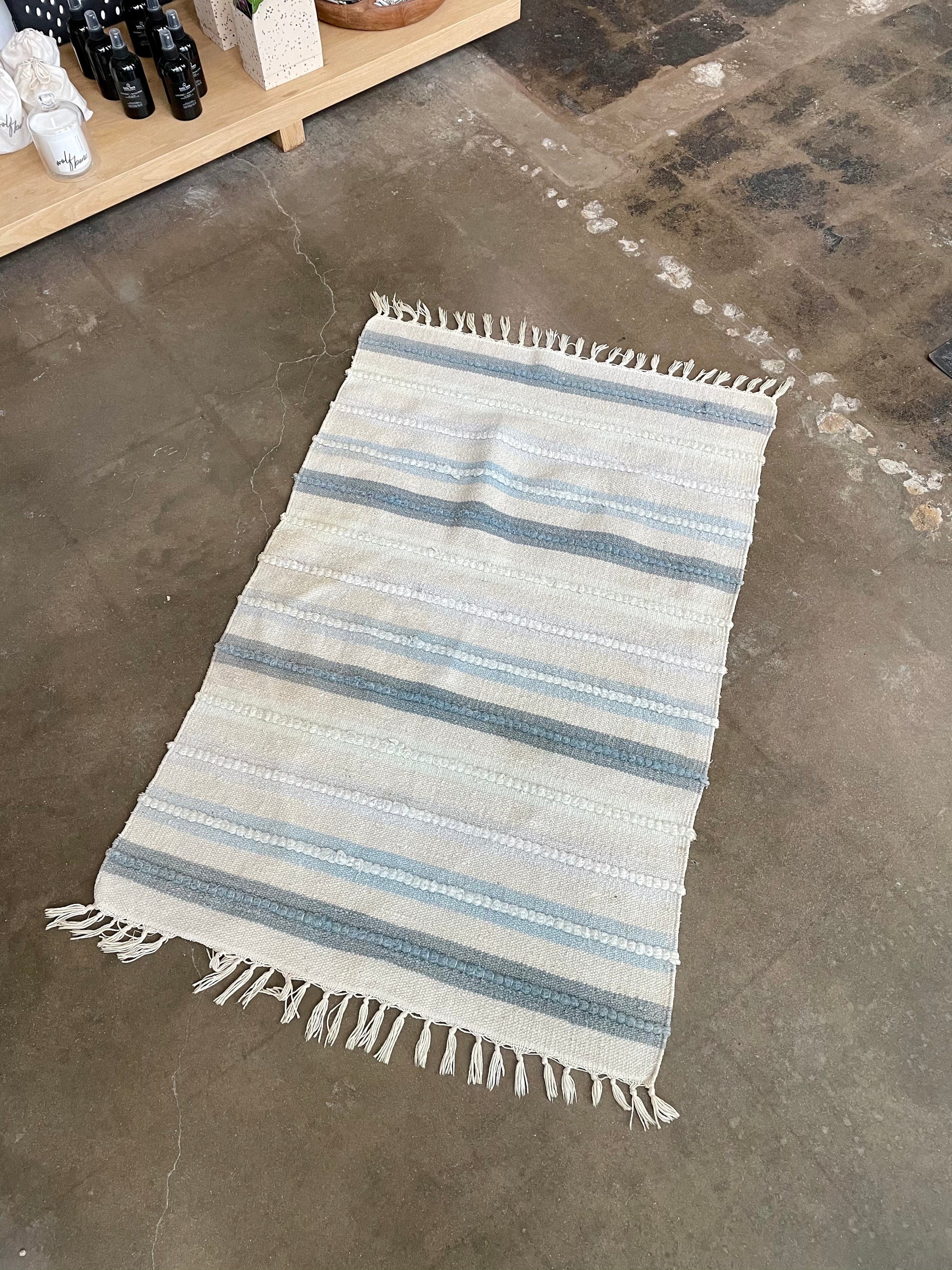Vintage Beige & Blue Striped Rug
