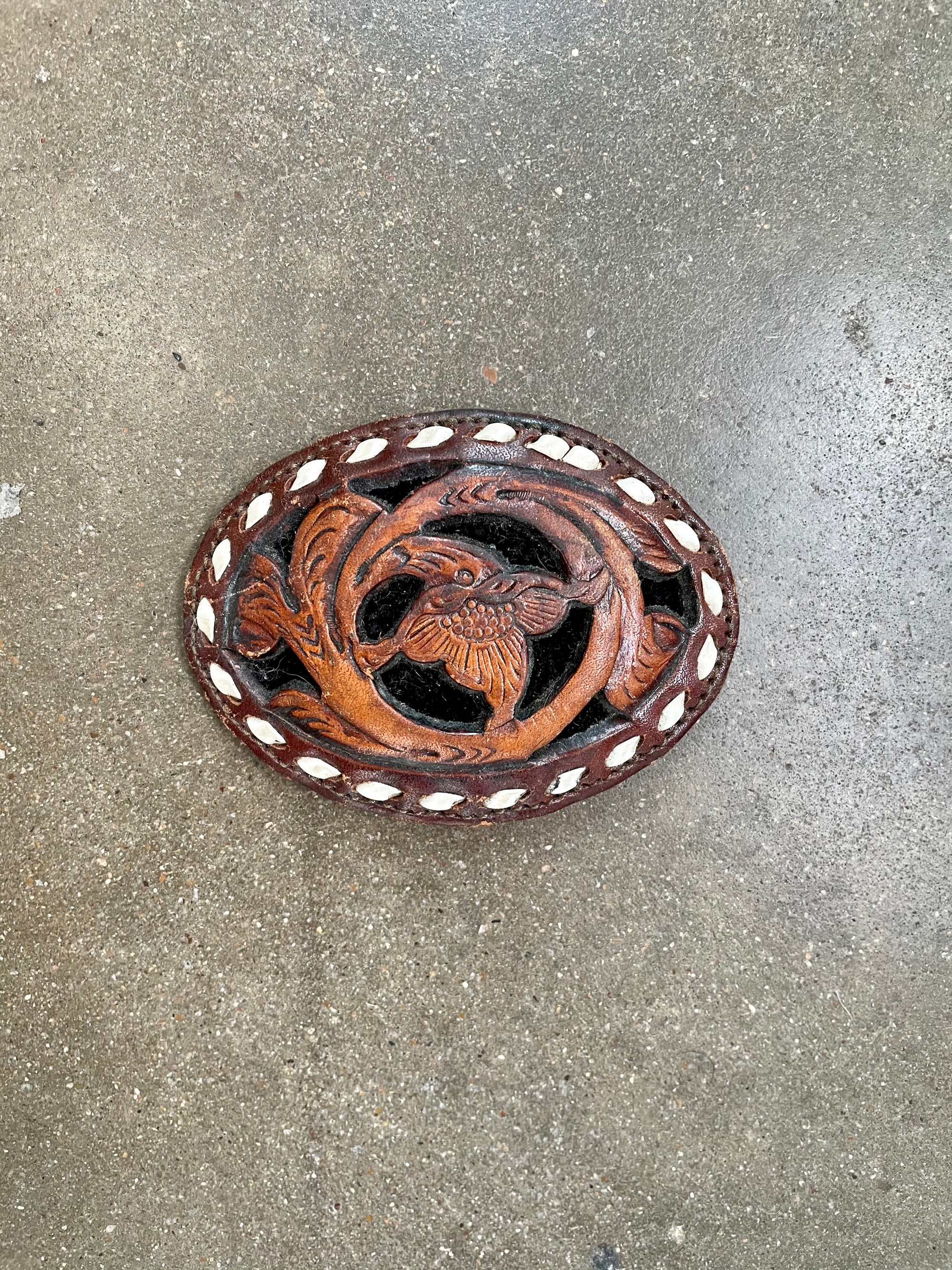 Vintage Leather Belt Buckle With Floral Center