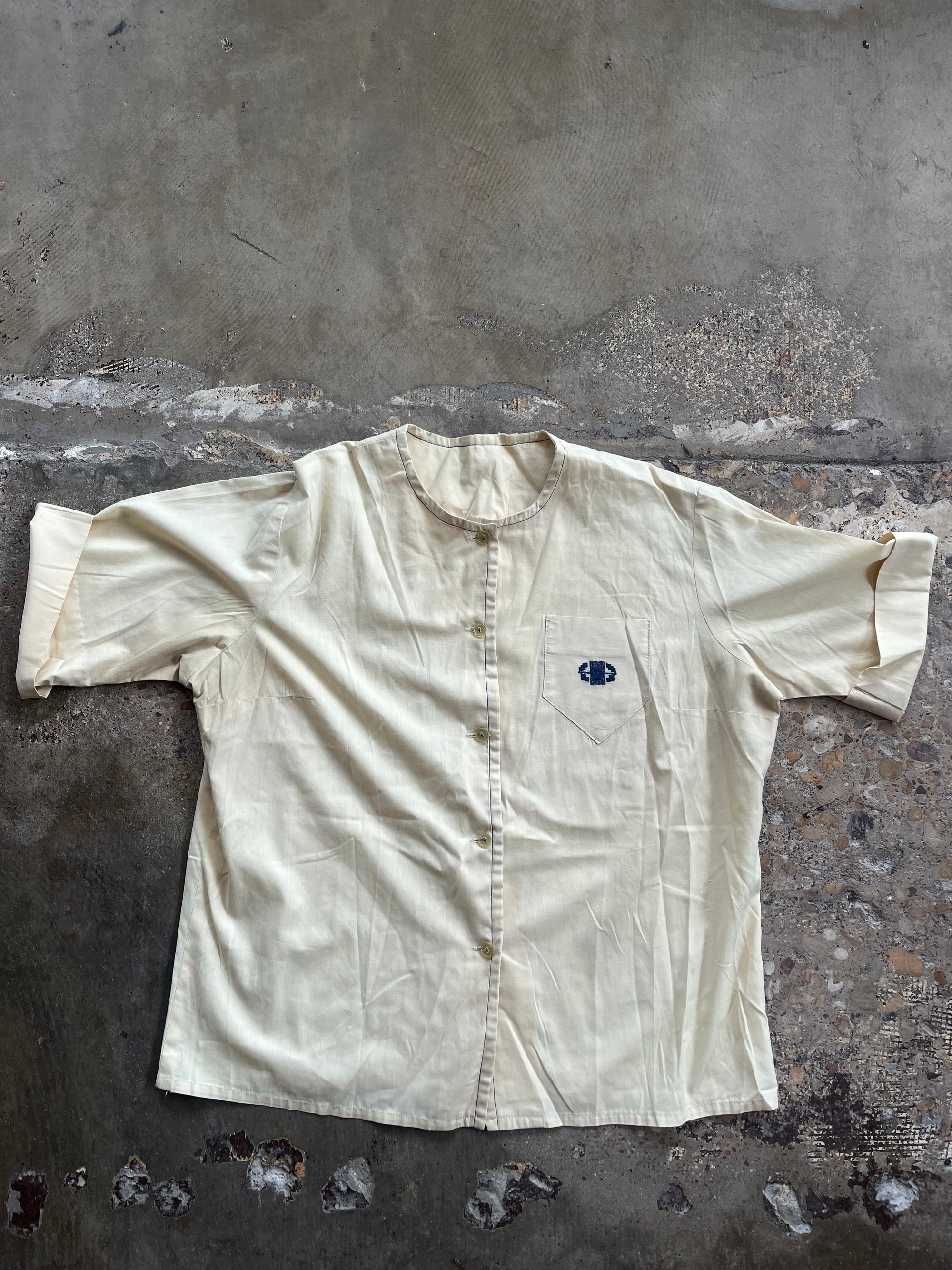 Pale Yellow Embroidered Short Sleeve Button Down