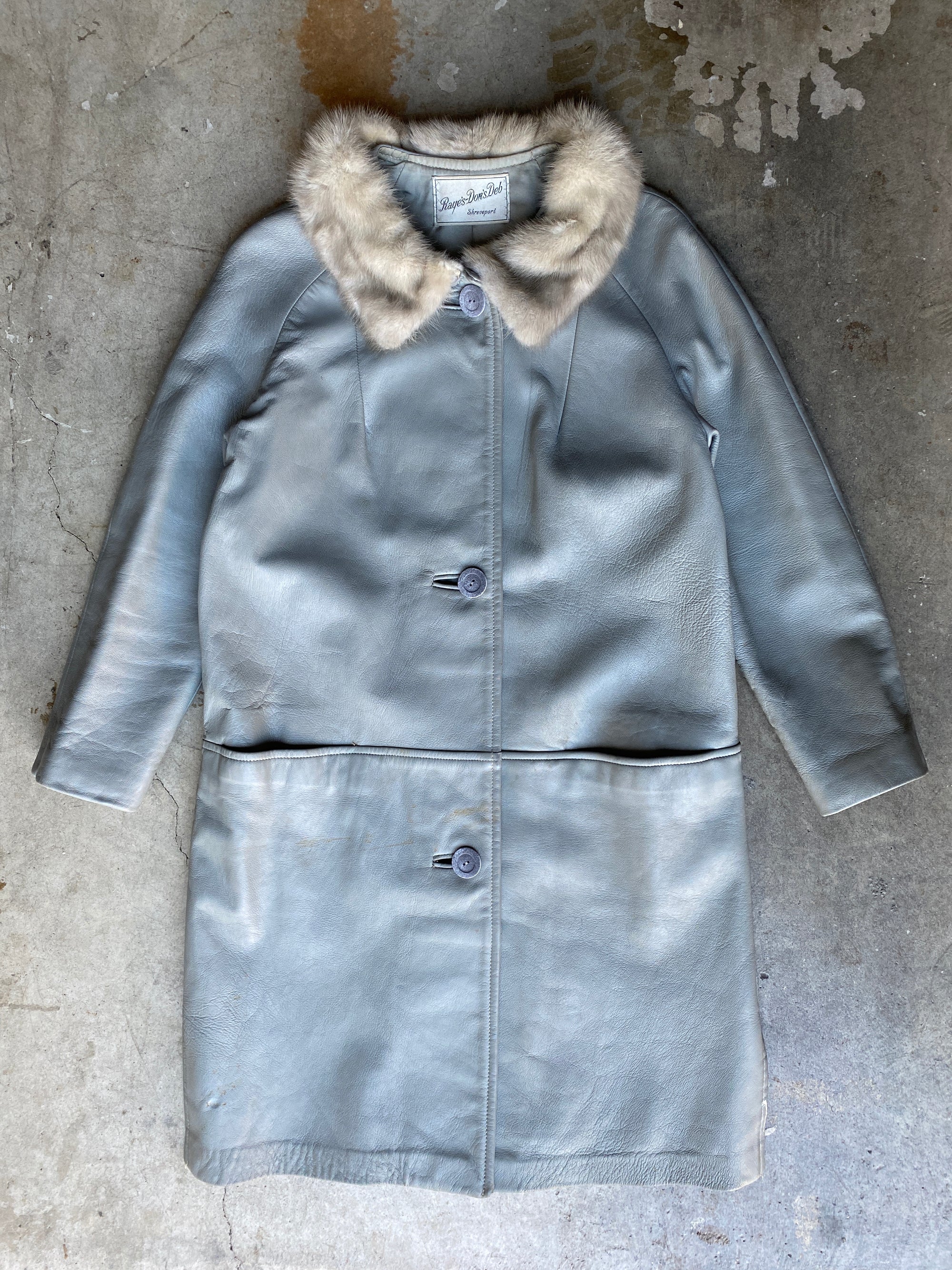 Vintage Grey Leather Coat W/ Fur Collar
