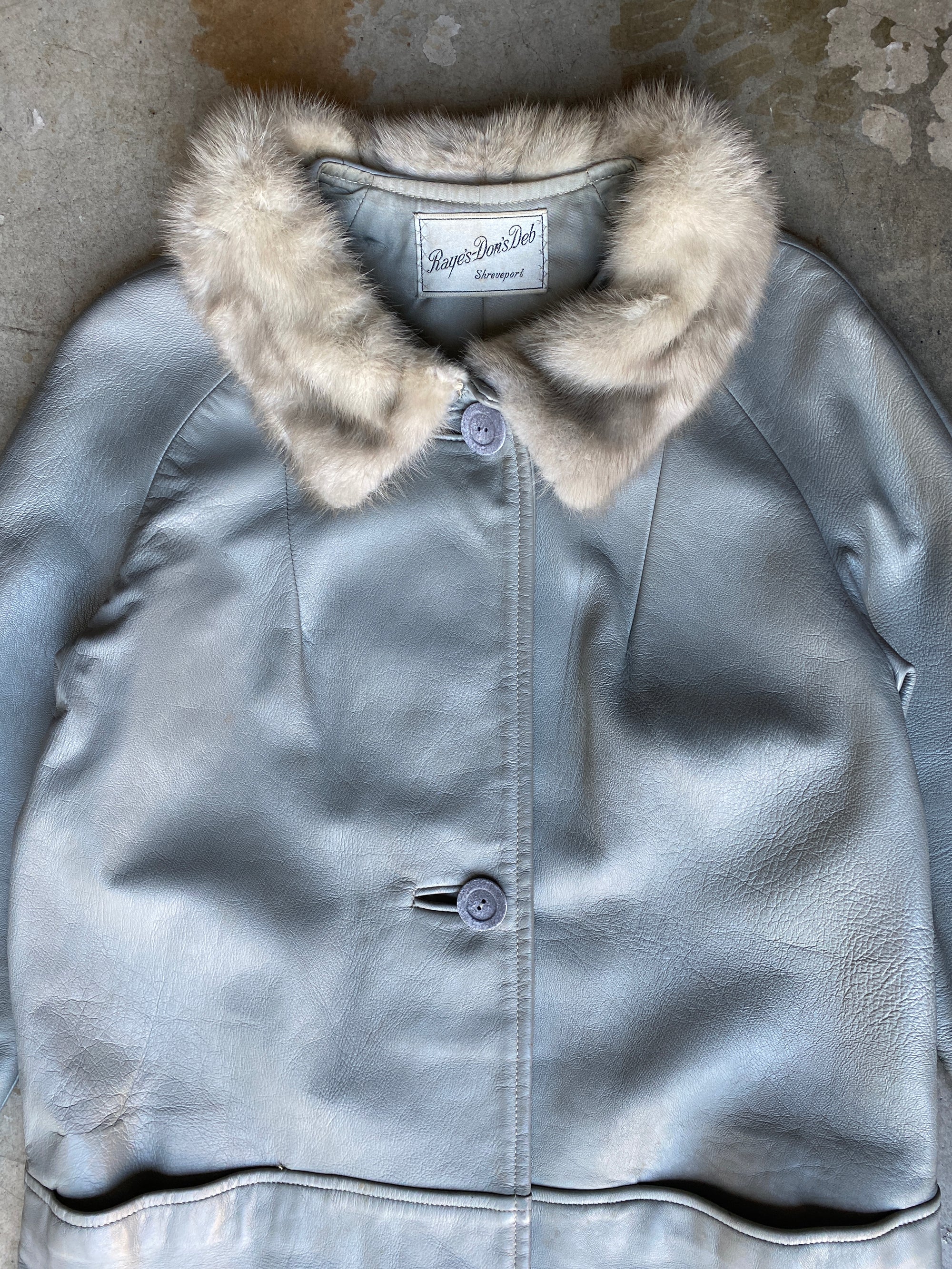 Vintage Grey Leather Coat W/ Fur Collar