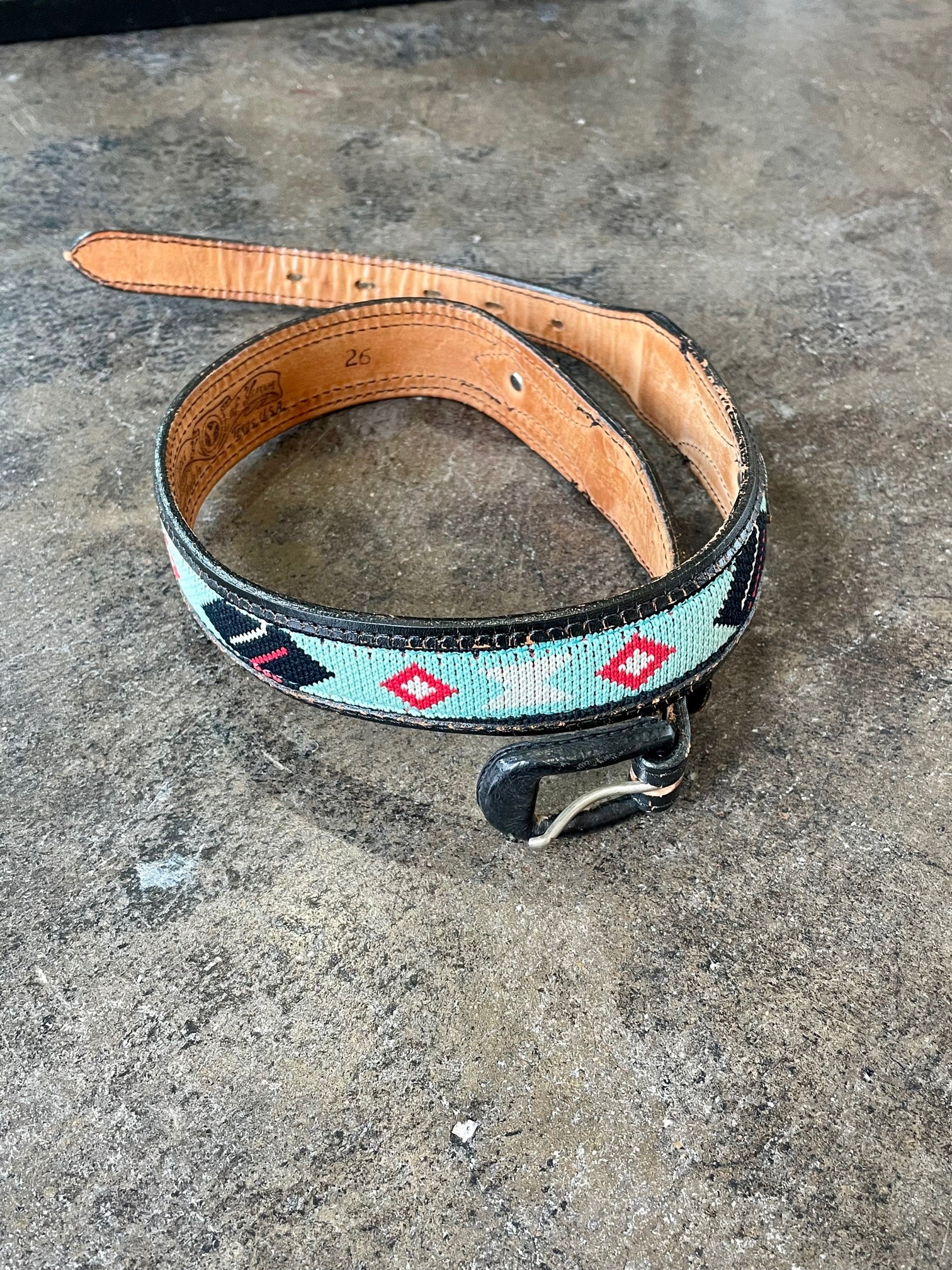 Vintage Embroidered Black Leather Belt