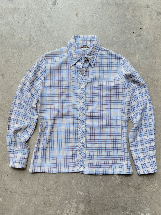 1970's Blue & Cream Plaid Mod Button Down