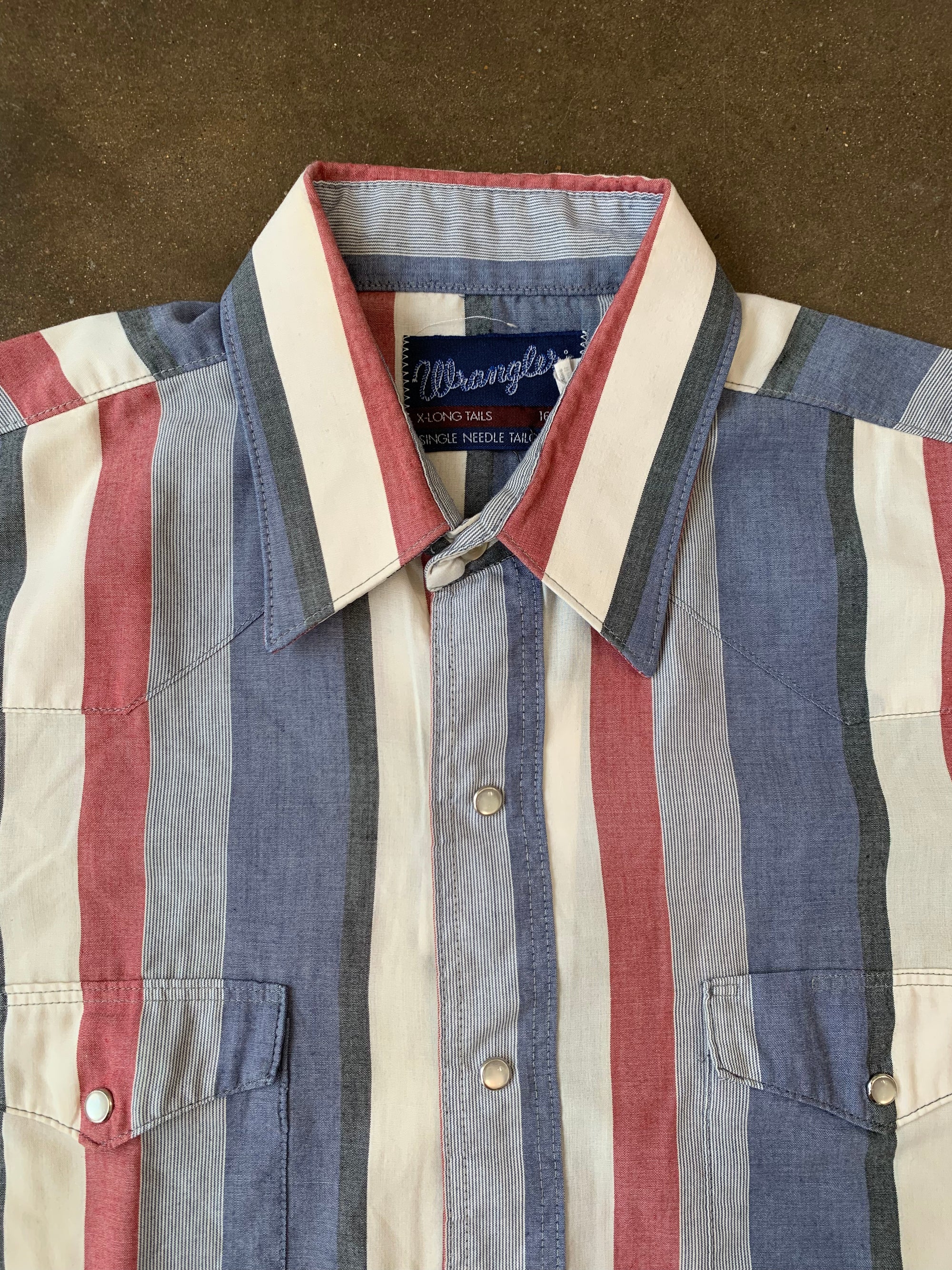 Vintage Wrangler Red White and Blue Striped Short Sleeve Pearl Snap
