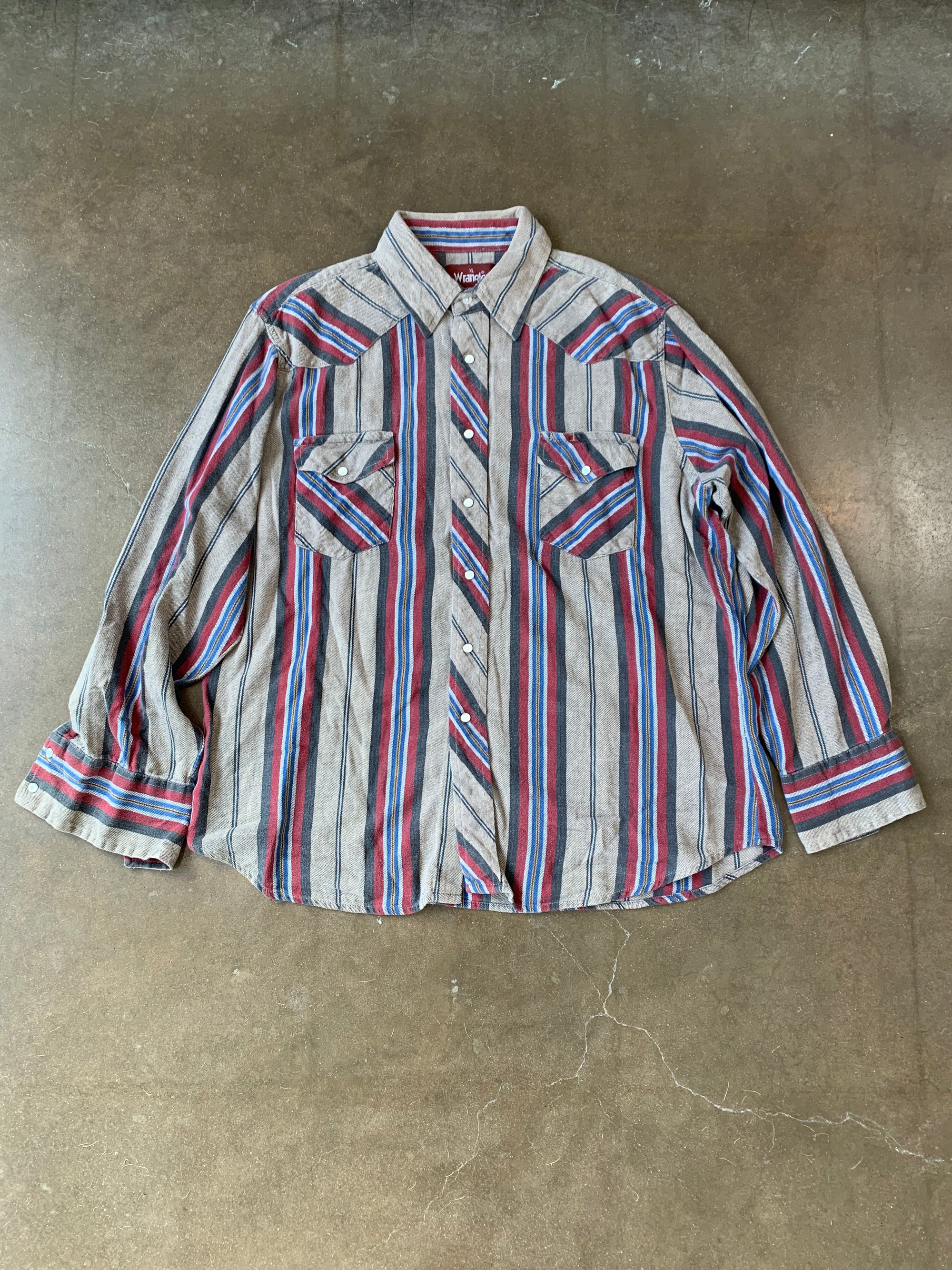 Vintage Wrangler Red Brown and Blue Striped Pearl Snap