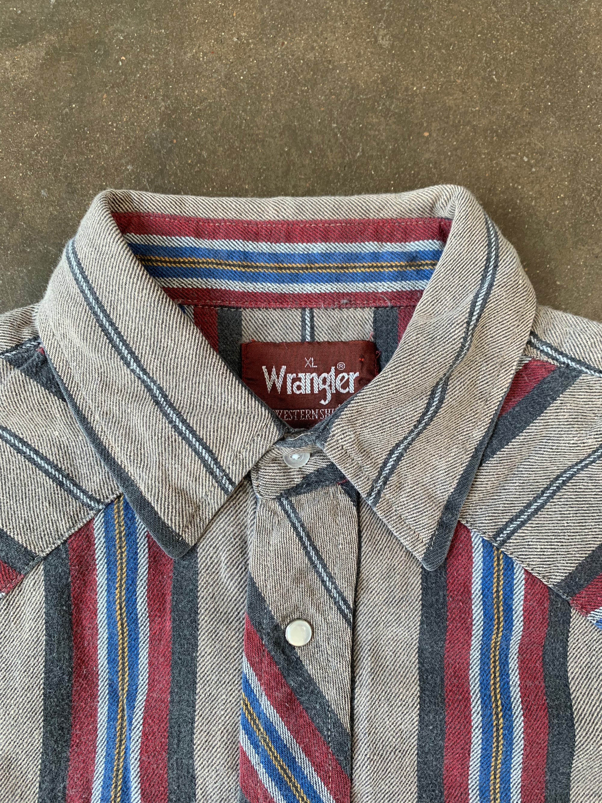 Vintage Wrangler Red Brown and Blue Striped Pearl Snap
