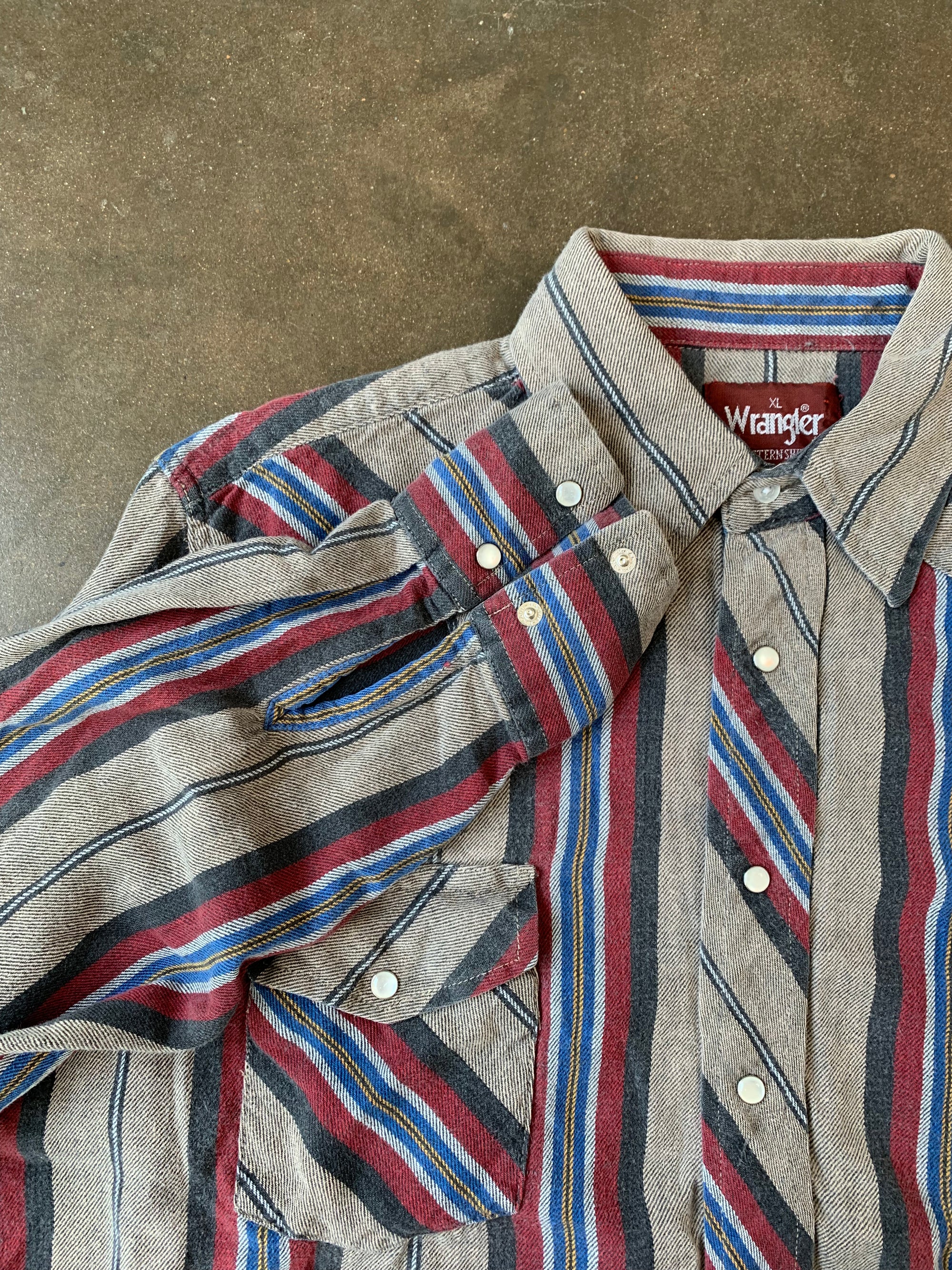 Vintage Wrangler Red Brown and Blue Striped Pearl Snap