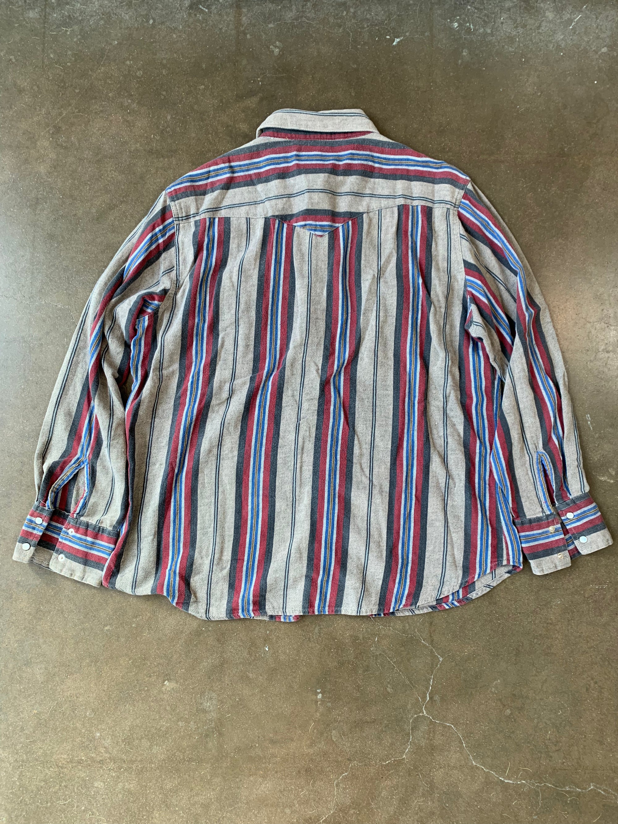 Vintage Wrangler Red Brown and Blue Striped Pearl Snap