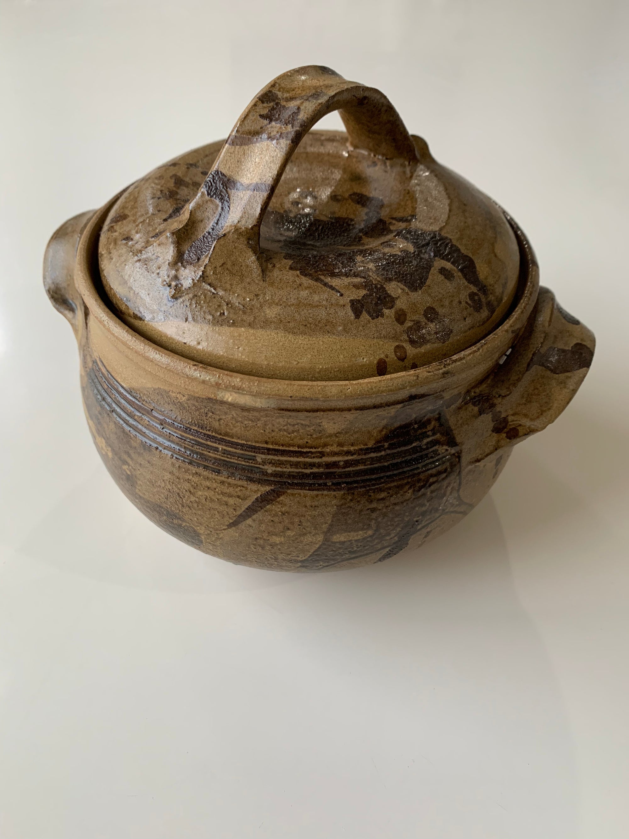 Tan Stoneware Pot with Lid and Handles