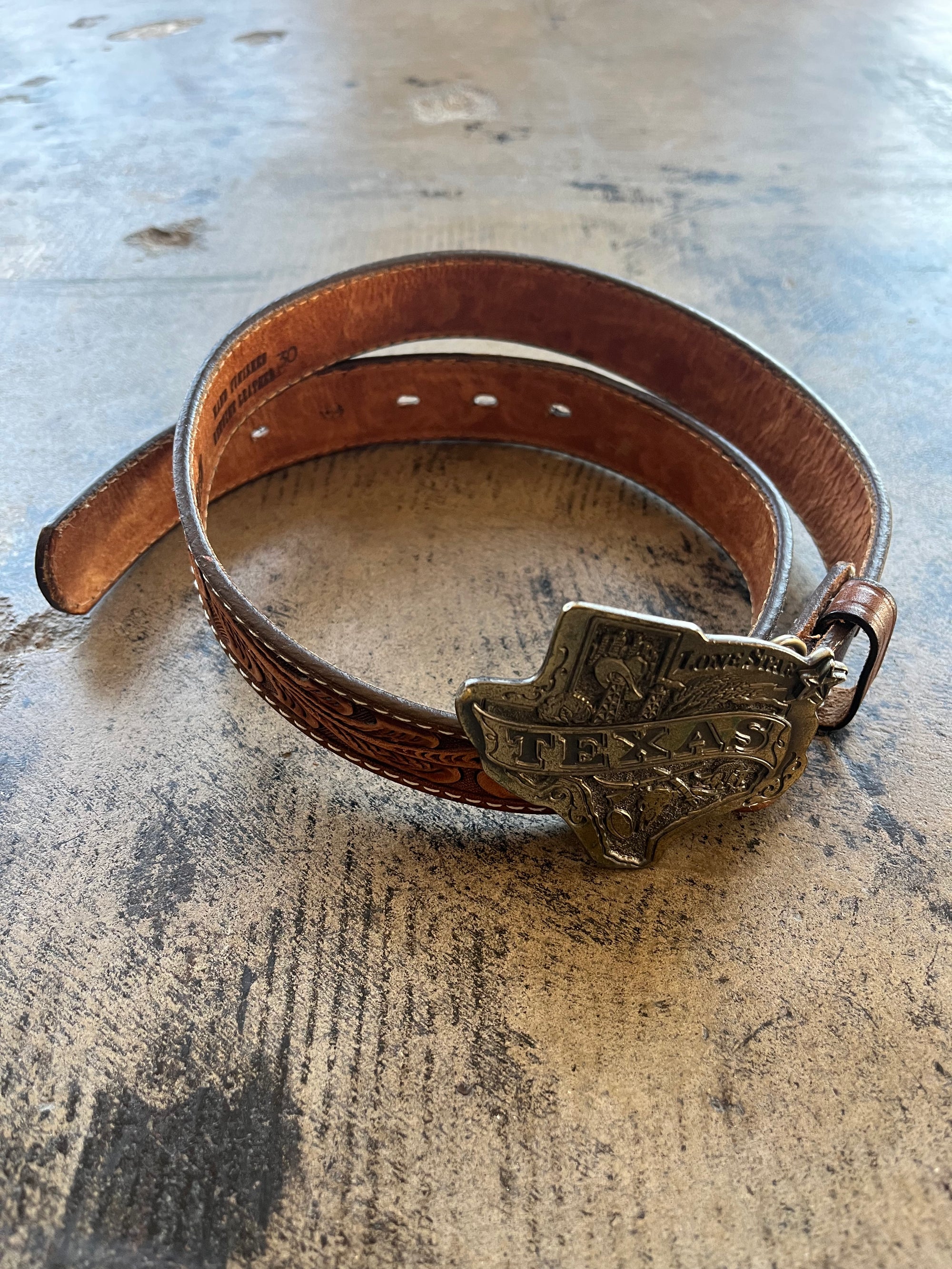 Vintage Embossed Leather Belt with Texas Buckle