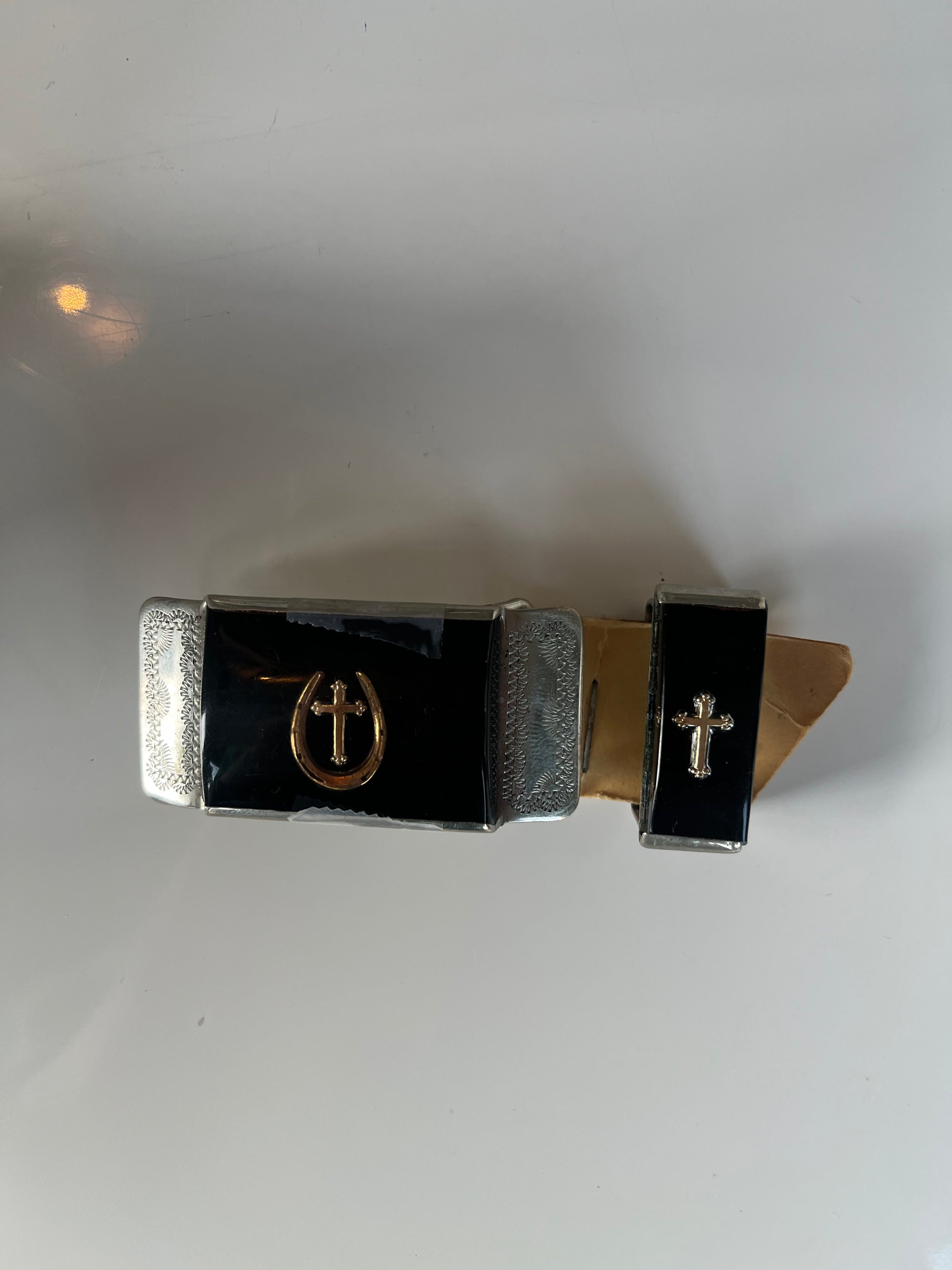 Gold Horseshoe + Cross Enamel Inlay Buckle