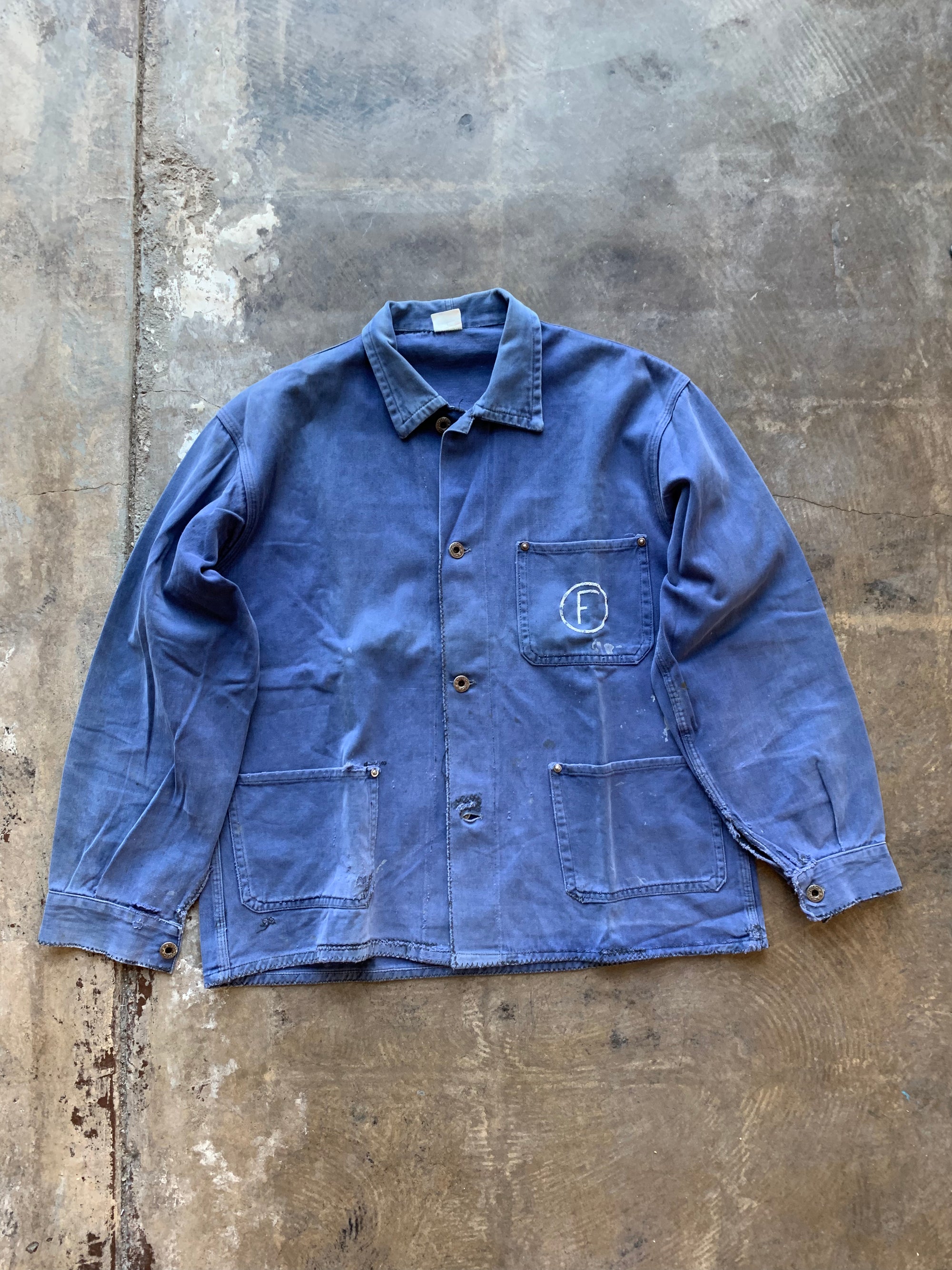 Vintage Blue Chore Coat with Handsewn "F"