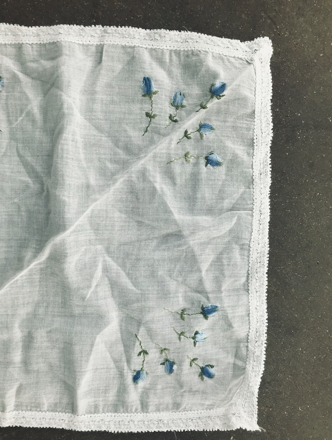Vintage Blue Flowers Hand Embroidered Handkerchief