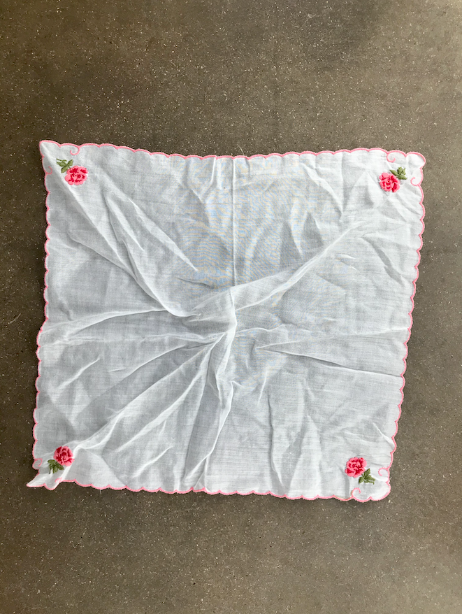 White Handkerchief With Hand Embroidered Pink Flowers