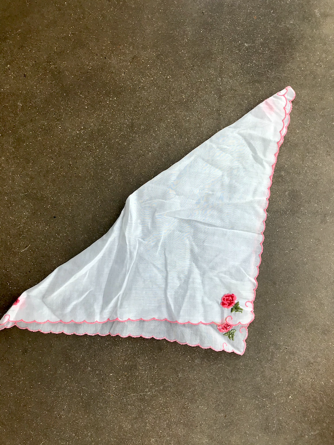 White Handkerchief With Hand Embroidered Pink Flowers